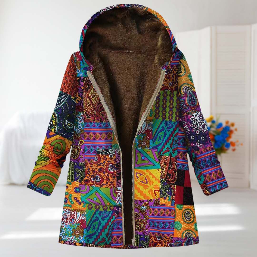 Madison | Měkká fleecová bunda s kapucí v multicolor patchworku
