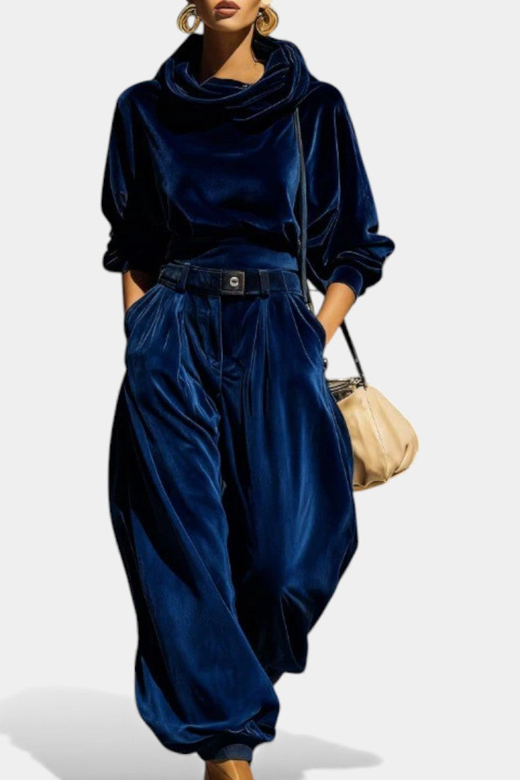 Riana Vintage Hnědý Sametový Kapsářský Set s Uvolněnými Kalhotami