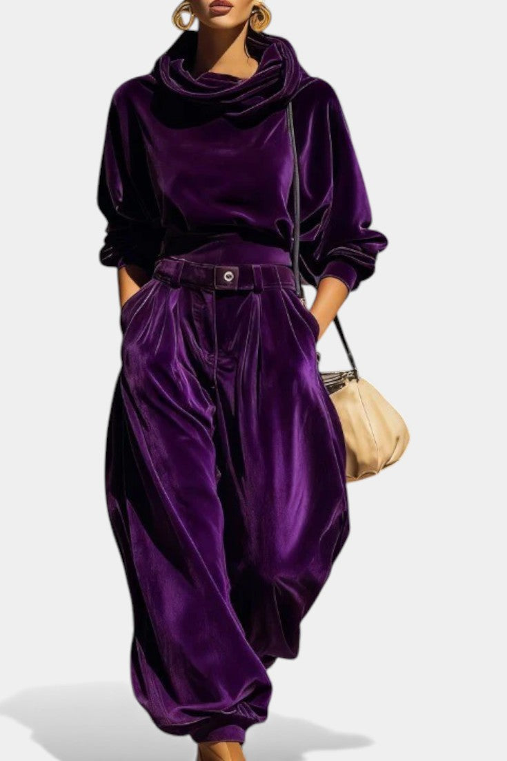 Riana Vintage Hnědý Sametový Kapsářský Set s Uvolněnými Kalhotami