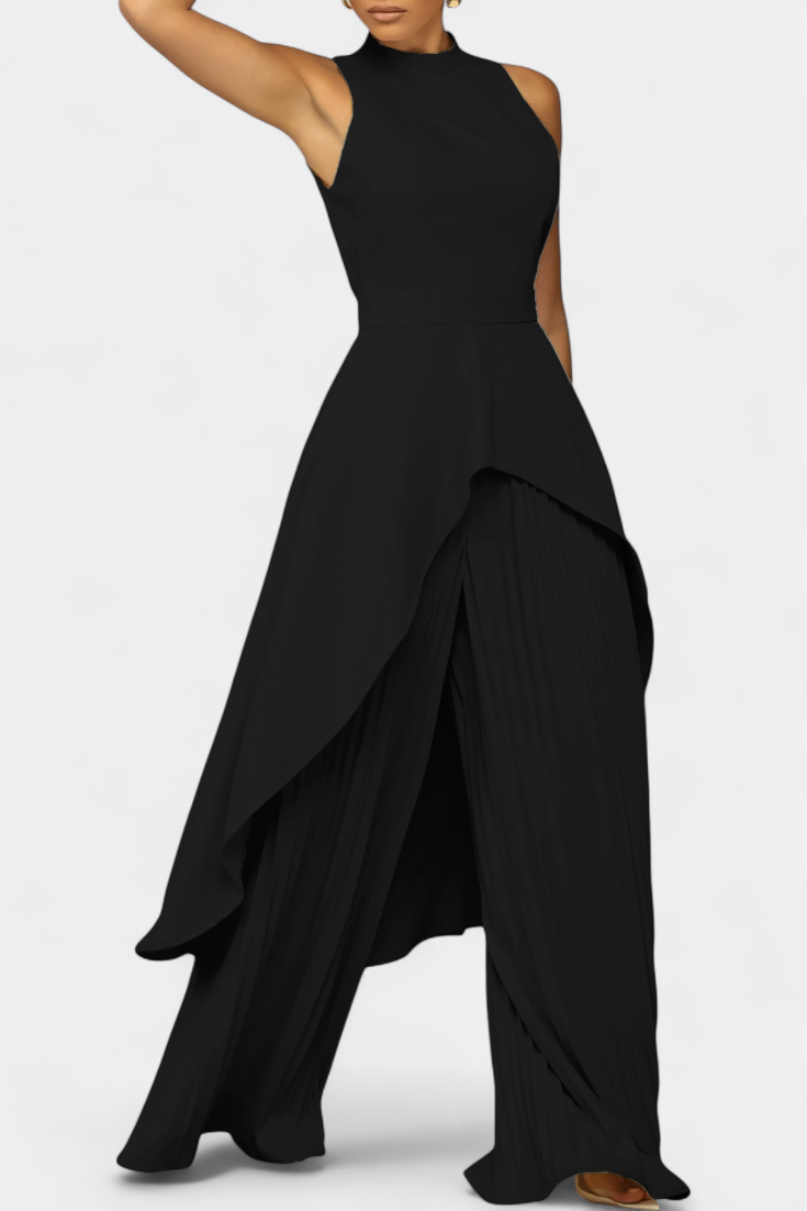 Asymetrický bezramínkový outfit Chrysoula s plisovanými kalhotami