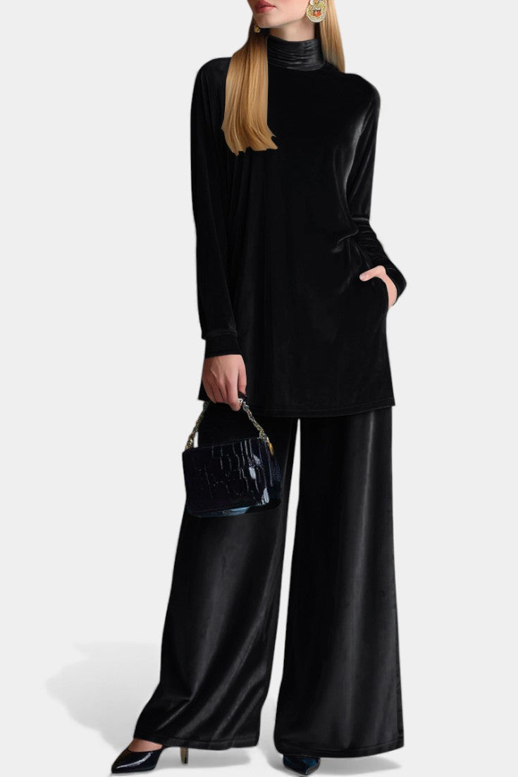 Tifenn Sametový Jumpsuit s Vysokým Límcem a Rozparkem