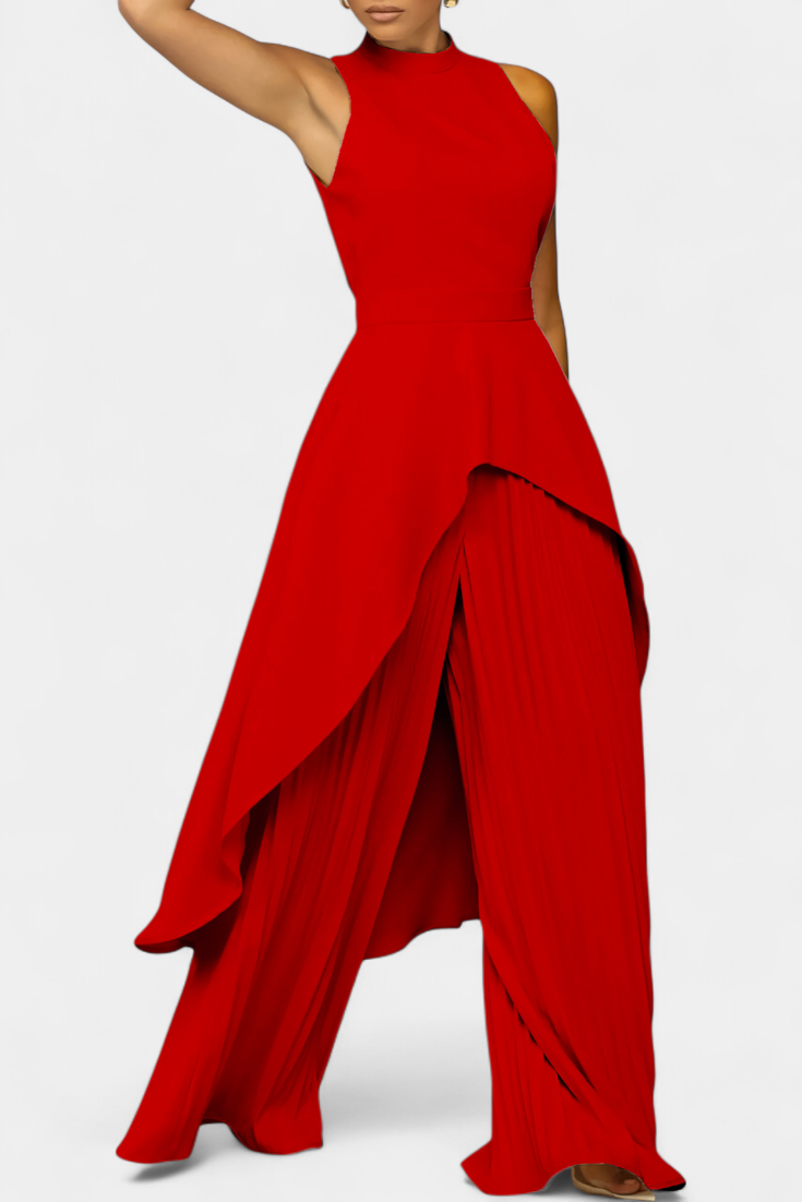 Asymetrický bezramínkový outfit Chrysoula s plisovanými kalhotami