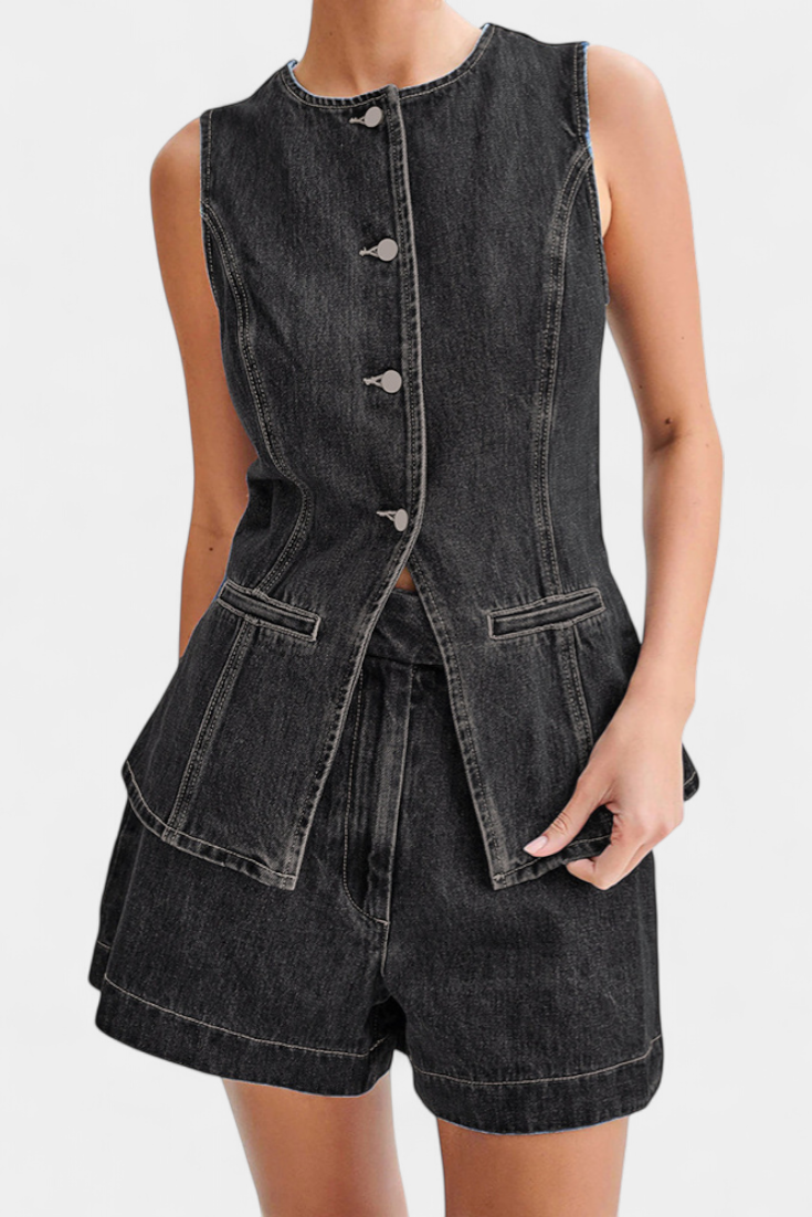 Raya Denim Souprava: Bezrukávová Bunda & Šortky s Vysokým Pasem